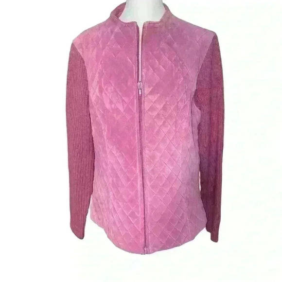 Clothes by Revue Pink/Mauve Quilted Leather Jacket Knit Sleeves. Size 14 - Picture 1 of 10